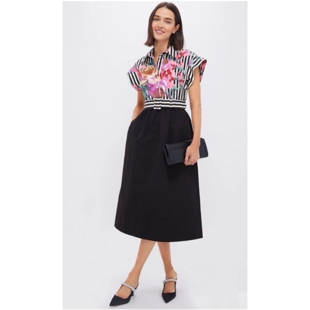 Tuckernuck Size Small Flowering Trellis Chloe Midi Dress S/S Black Floral Stripe